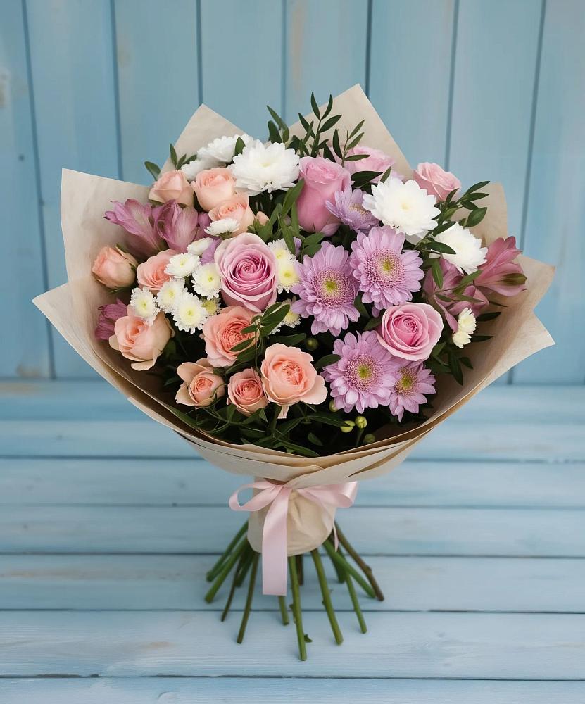 Букет цветов из: Хризантемы, Розы и Альстромерии в Ливенке Воронежской области