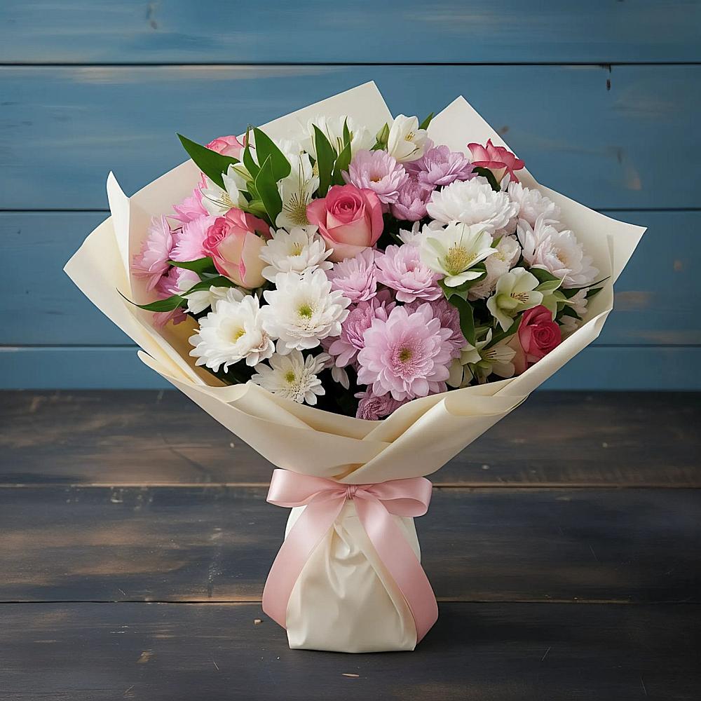 Букет цветов из: Хризантемы, Альстромерии и Розы в Ливенке Воронежской области